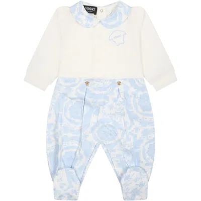 Versace Light Blue Baby Jumpsuit With Baroque Print In White