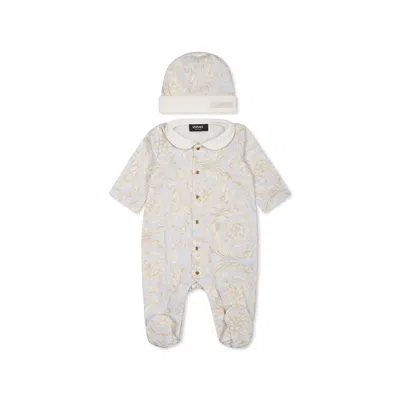 Versace Pink Babygrow Set For Baby Girl With Baroque Print In Brown