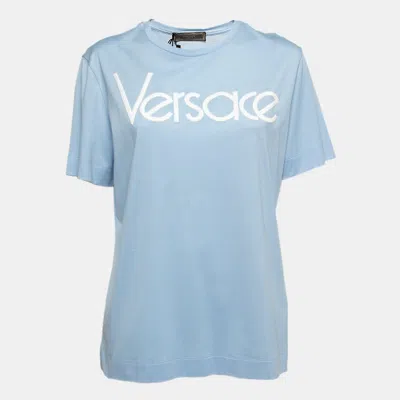 Versace Light Blue Cotton Logo Embroidered Tribute T-shirt