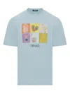 Versace Crew Neck Graphic Print Short Sleeves In Blue