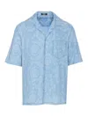 Versace Camp-collar Cotton-chambray Jacquard Shirt In Blue