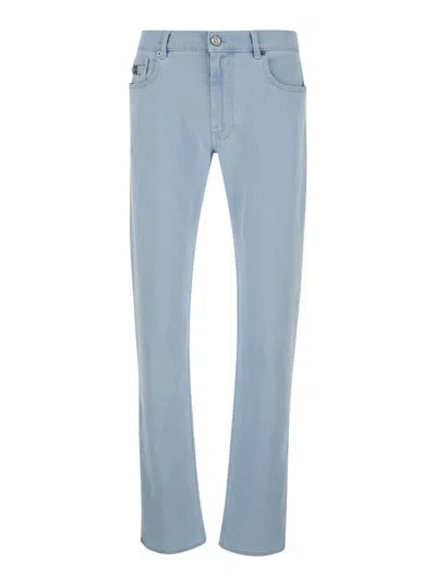 Versace Light Blue Skinny Jeans With Logo Patch In Denim Man