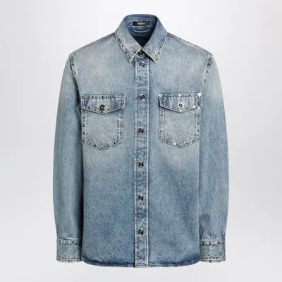 Versace Light Blue Stone-washed Denim Shirt With Studs