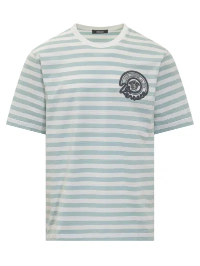 VERSACE MEN LIGHT BLUE STRIPES T-SHIRT, XL LUXURY T-SHIRTS FOR MEN DARVEYS