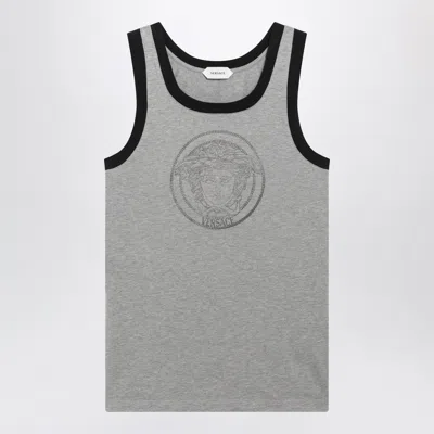 Versace Light Grey Cotton Jersey Tshirt With Logo Print In Gray
