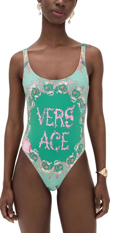 VERSACE LIGHT UNDERWATER BAROCCO PLACED PRINT ONE PIECE SEA GREEN/MULTICOLOR