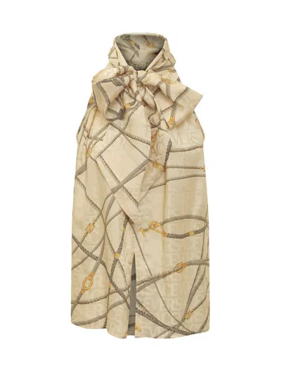 Versace Chain-link Print Halterneck Top In Sand-gold