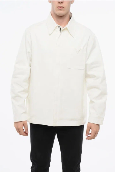 Versace Lightweight Cotton Overshirt With V-logo Detail On Breast Po In White