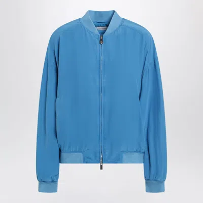 Versace Lightweight Silk Poplin Zip Blouson In Blue
