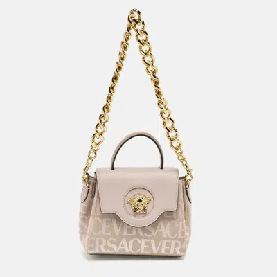 Pre-owned Versace Lilac Jacquard Canvas And Leather Small La Medusa Top Handle Bag In Purple