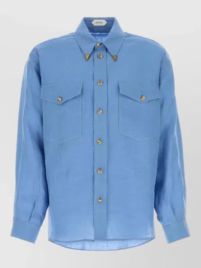 Versace Linen Shirt Featuring Chest Pockets Long Sleeves In Blue