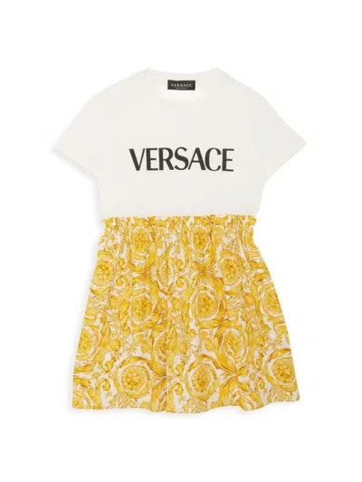 Versace Kids' Regalia Baroque-print Minidress In White Gold