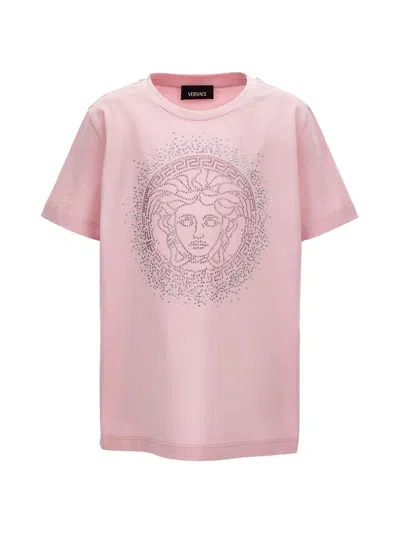 Versace Embellished Printed Cotton-jersey T-shirt In Pink