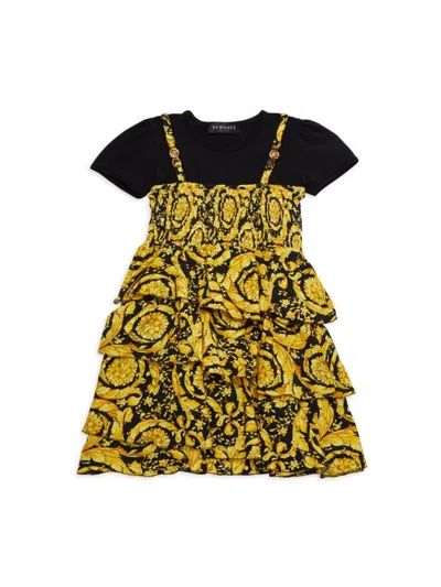 Versace Kids' Little Girl's & Girl's Twofer Baroque Tiered Dress In Black Gold