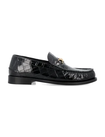 Versace Medusa Croc Embossed Leather Loafers In Black