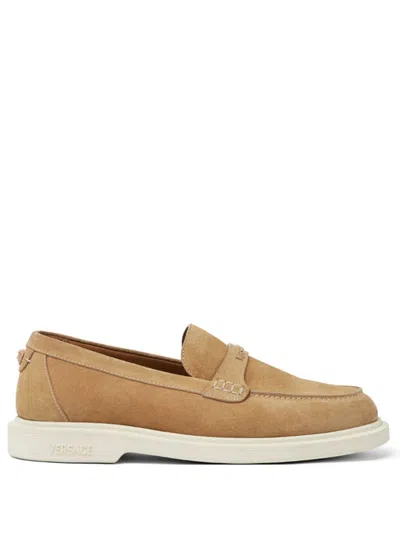 Versace Loafers With Iconic Medusa Detail And Soft Suede Finish In Neutrals