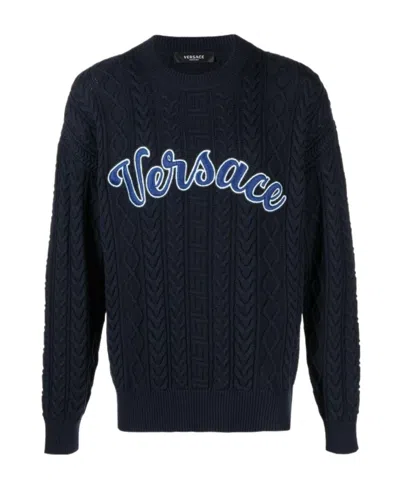 Versace Logo Appliqué Cable-knit Jumper In 1ue40 Navy