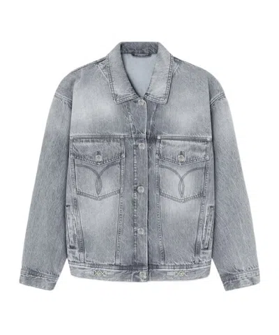 Versace Logo-appliqué Denim Jacket In Gray