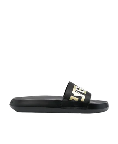 Versace Logo-appliqué Open Toe Slides In Black