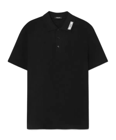 Versace Cotton Shirt Polo With Logoed Label In Black