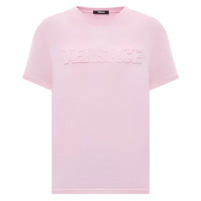 Versace Fringed Logo T-shirt For Casual Style In Pink