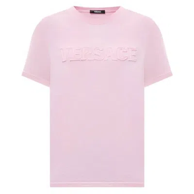 Versace Fringed Logo T-shirt For Casual Style In Pink