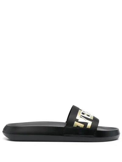 Versace Logo-appliqué Open Toe Slides In Black