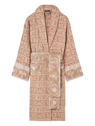 Versace Logo Baroque-print Bathrobe In Pink