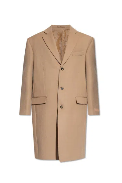 Versace Single-breasted Wool Blend Coat In Beige