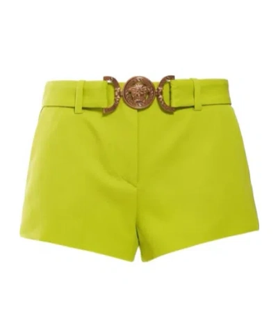 Versace Logo Belted Wool Twill Mini Shorts In Green
