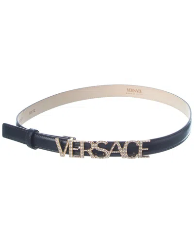 Versace Logo Buckle Leather Belt In Black