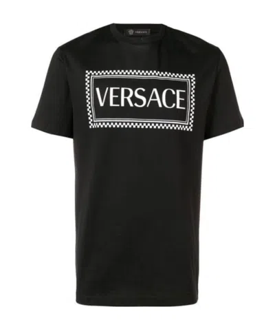 Versace Black Crewneck T-shirt With Contrasting Logo Lettering Print In Cotton