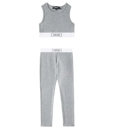 Versace Kids' Logo Cotton-blend Jersey Top And Leggings Set In White+grey Melange