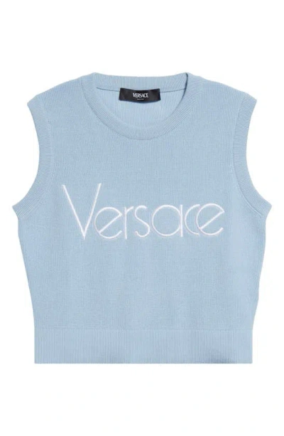 Versace Logo Cotton Blend Sleeveless Jumper In Light Sand