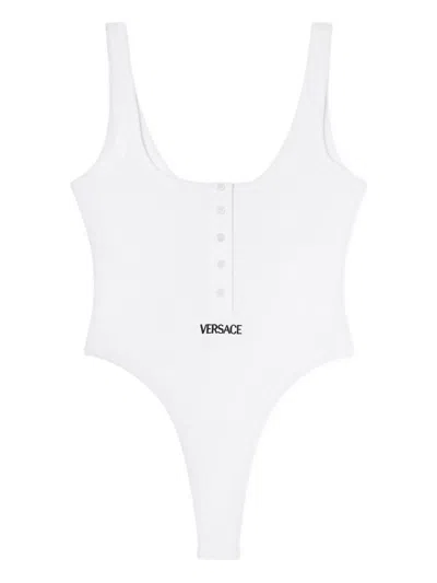 Versace Stretch Cotton Bodysuit With Logo In White
