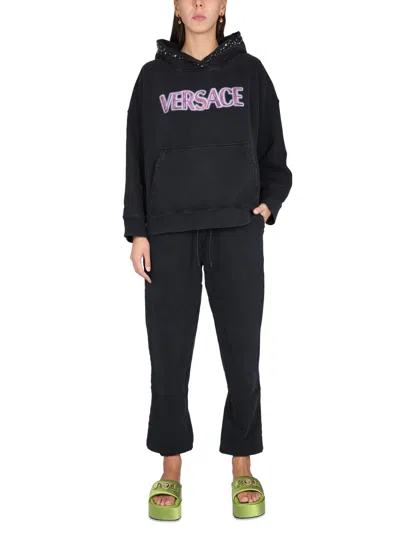 Versace Logo Cotton Jogging Pants In Black