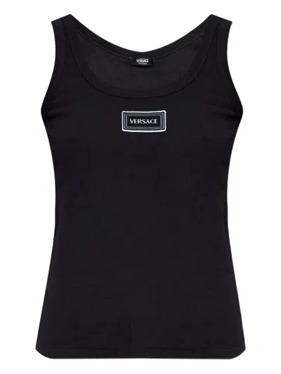 Versace Logo Cotton Tank Top In Black