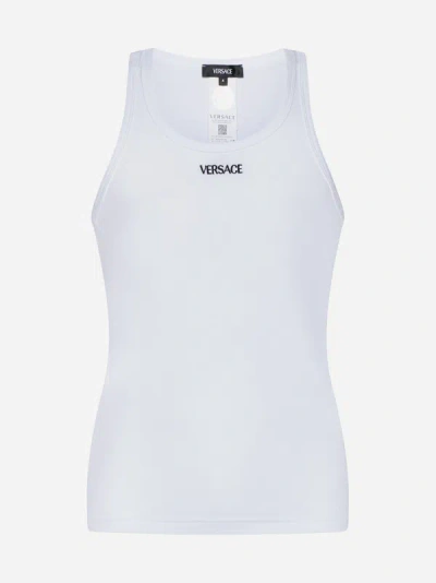 Versace Geripptes Tanktop Aus Baumwolle Mit Logo In White