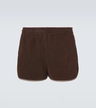Versace Logo Cotton Terry Shorts In Brown