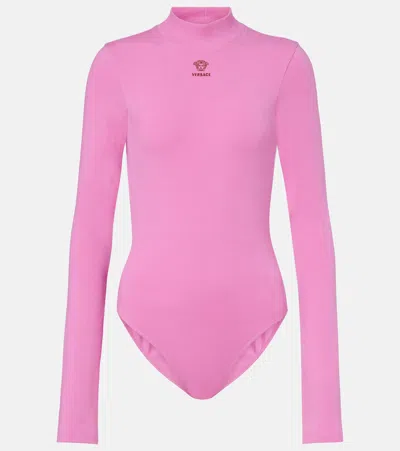 Versace Logo Cotton-blend Jersey Bodysuit In Pink
