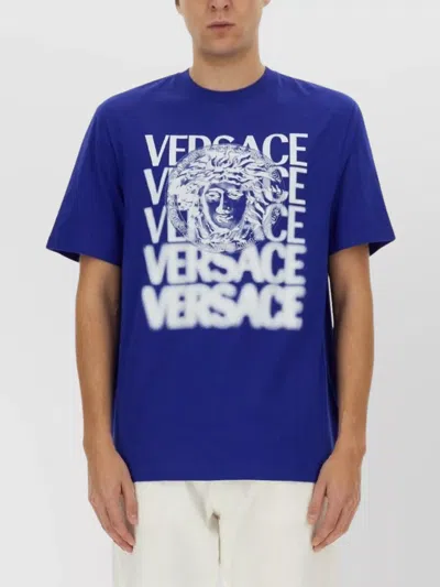 Versace Logo Crew Neck Graphic Print Short Sleeves In Blue