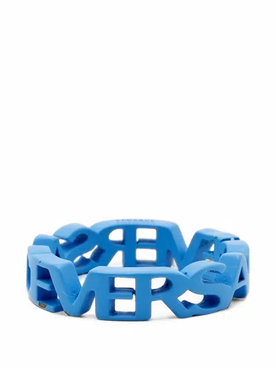 Pre-owned Versace Logo Cut-out Band Ring In Blue
