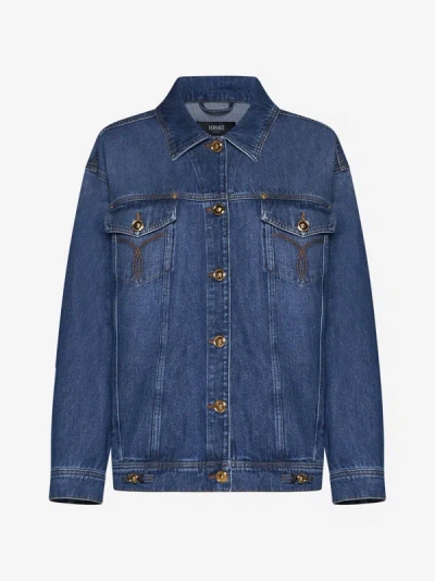 Versace Embroidered-logo Denim Jacket In Mid Blue