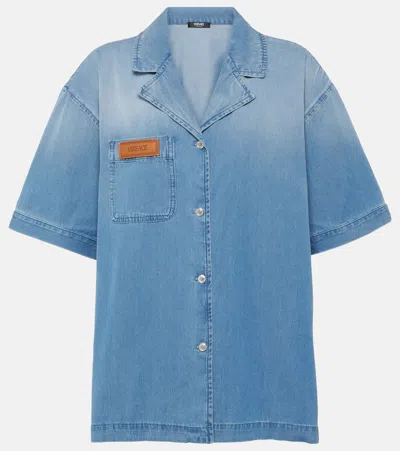 Versace Logo Denim Bowling Shirt In Blue