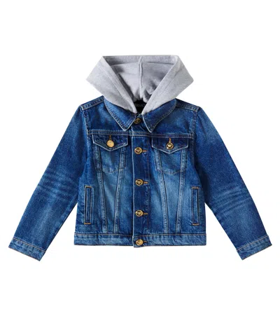 Versace Kids' Logo Denim Jacket In Medium Blue+grey Melange+white