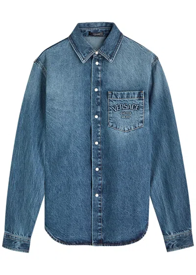Versace Indigo Blue Washed Denim Shirt With Embossed Logo