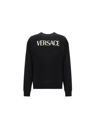 Versace Logo Detail Cotton Sweatshirt In Black