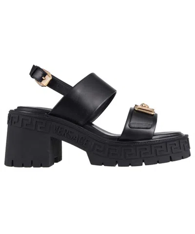 Versace Logo Detail Leather Sandals In Black