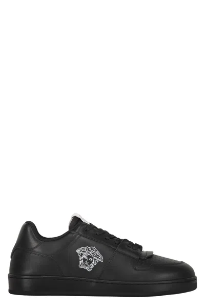 Versace Logo Detail Leather Sneakers In Black