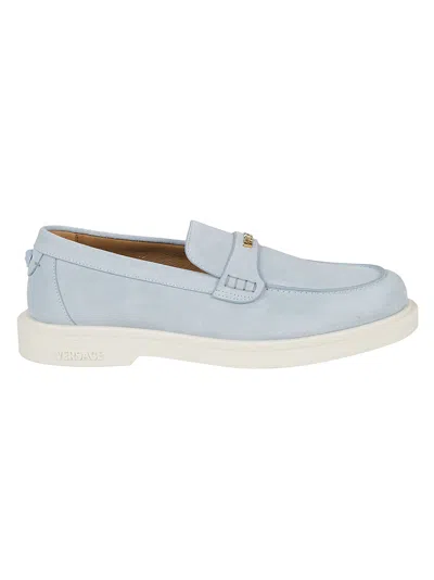 Versace Logo Detail Loafers In Blue Hydrangea
